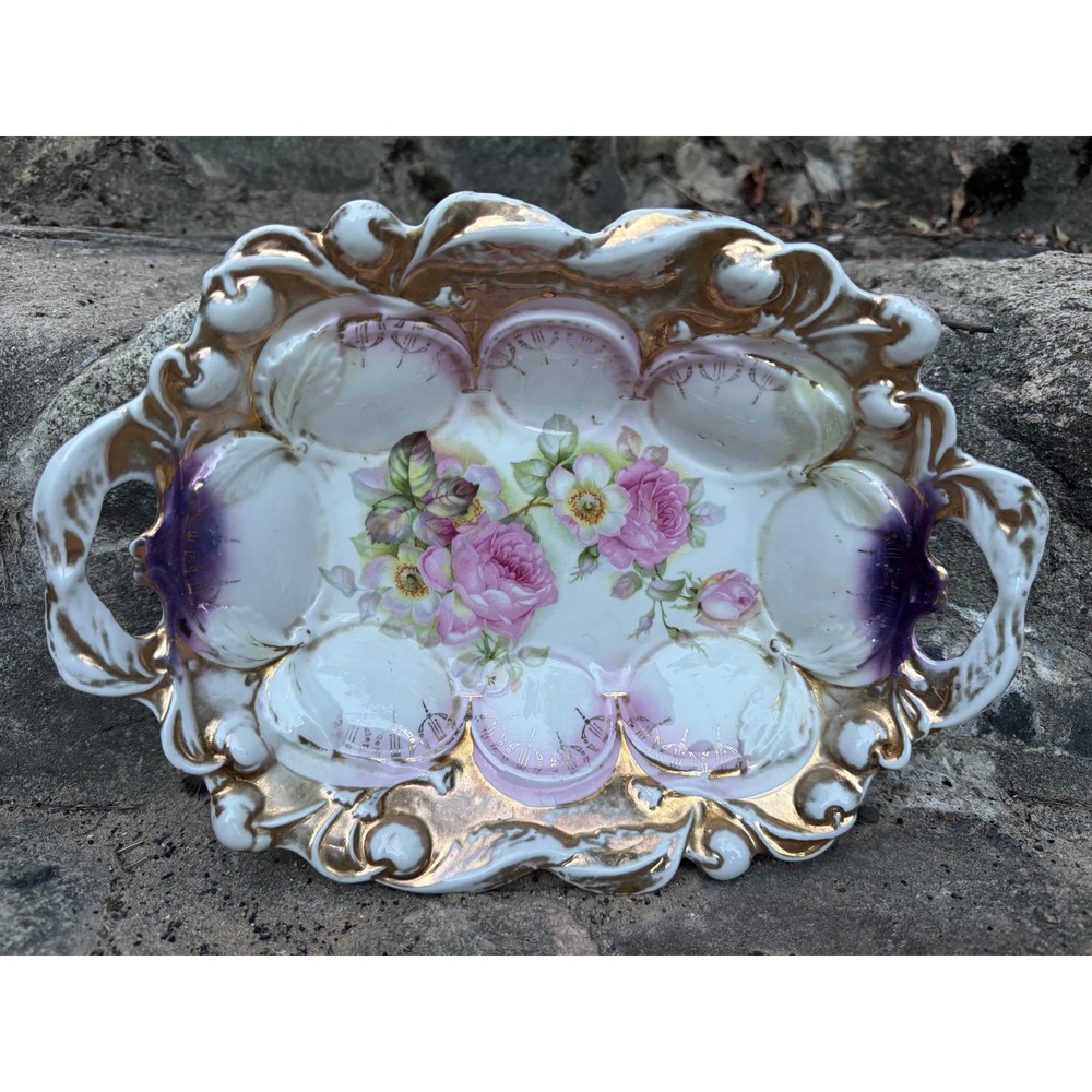 Antique Victorian Hand Painted Floral Porcelain Bowl Gold Gilt Scalloped 11 inch